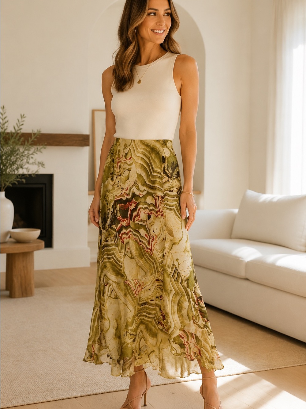 Marble Print Asymmetrical Ruffle Maxi Skirt NWT